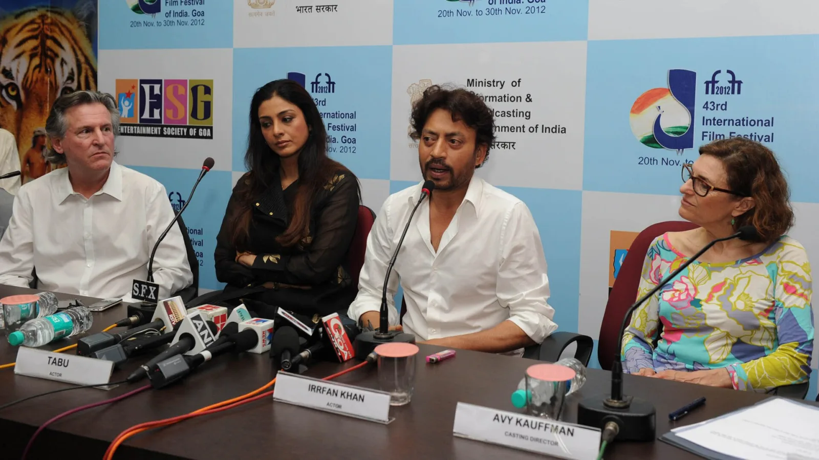 Actor Irrfan Khan and Actress Tabu of the opening film "Life of Pi" addressing a press conference, at the 43rd International Film Festival of India (IFFI-2012), in Panaji