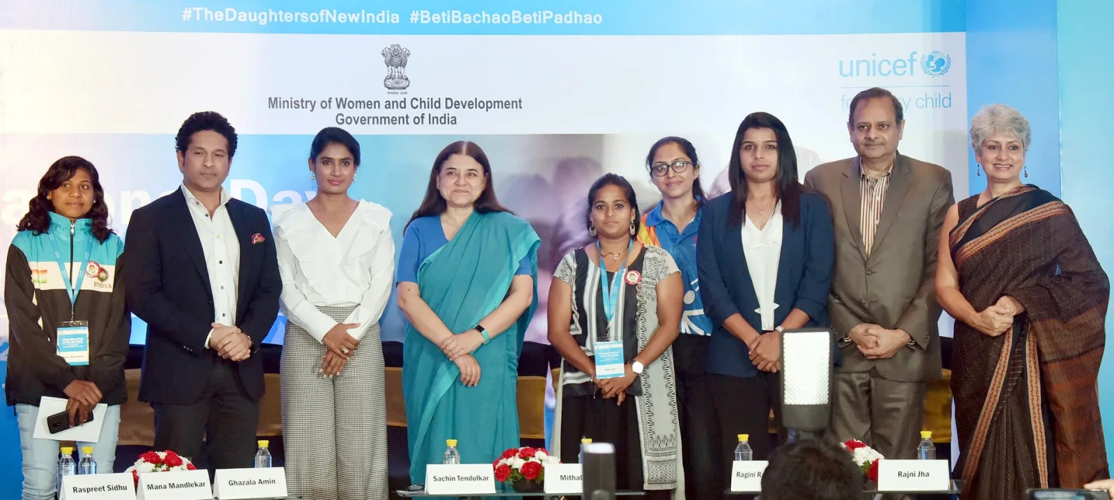 Maneka Sanjay Gandhi along with the Sportspersons Sachin Tendulkar, Mithali Raj, Raspreet Sidhu, Ragini Sharma, Mana Mandlekar, on the occasion of the International Day of the Girl Child
