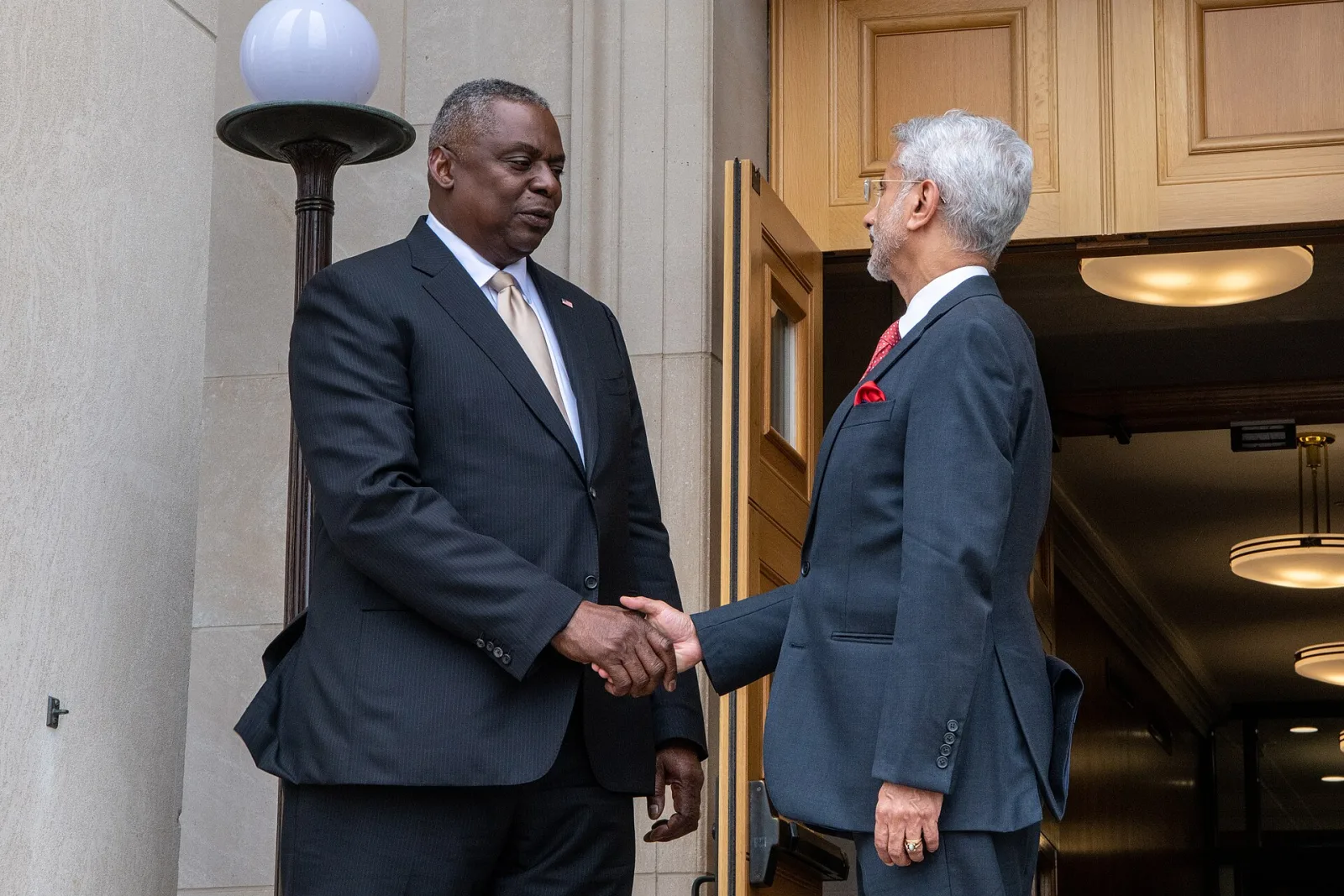 Secretary of Defense Lloyd Austin meets with Indian Foreign Minister Subrahmanyam Jaishankar at The Pentagon on September 29, 2023 01