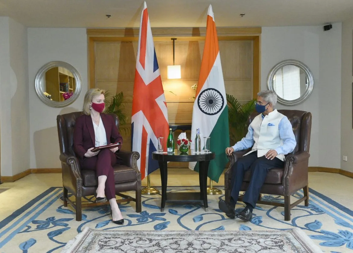 United Kingdom Foreign Secretary Liz Truss (left) and India External Affairs Minister Subrahmanyam Jaishankar (right) in New Dehli