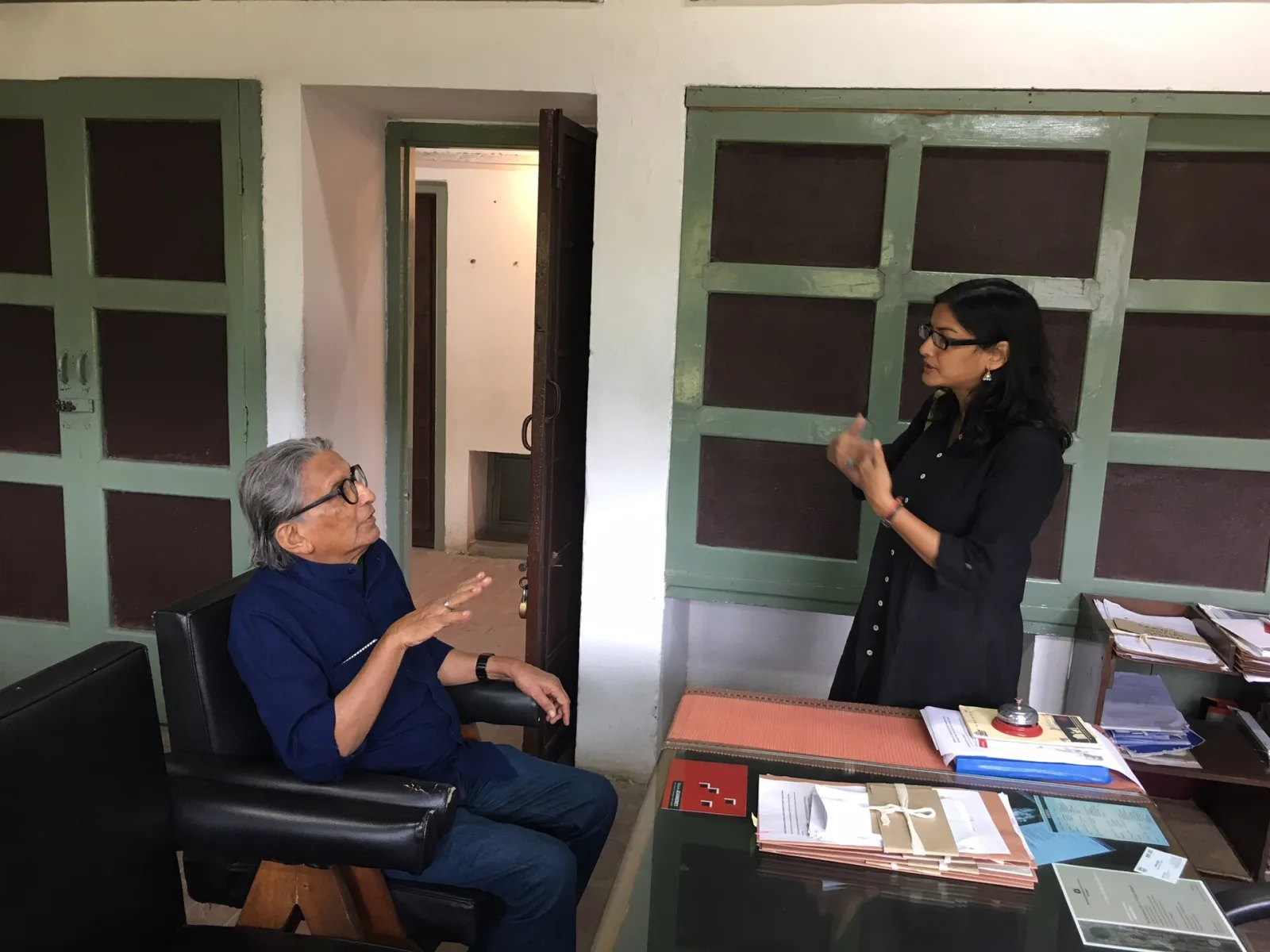 Ar. B.V. Doshi in conversation with the Director of the Le Corbusier Centre, Ar. Deepika Gandhi, at the Le Corbusier Centre in Chandigarh on October 26, 2016.